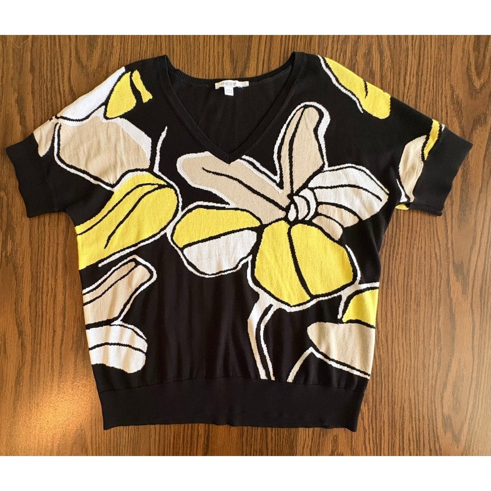Chico's‎ Women Sweater Top Size 2 Large Black Yellow Floral V-Neck Short Sleeve